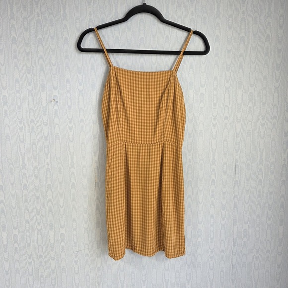 Aeropostale Dresses & Skirts - Aeropostale‎ Mini Dress M Smocked Gingham Mustard Spaghetti Strap Twee Picnic